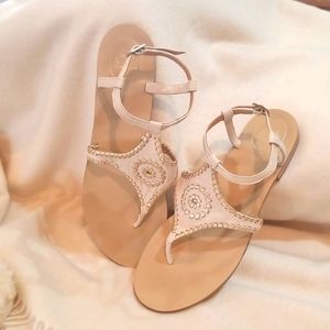 Jack Rogers cream and gold thong flat sandals with ankle strap. Size 9.5 M